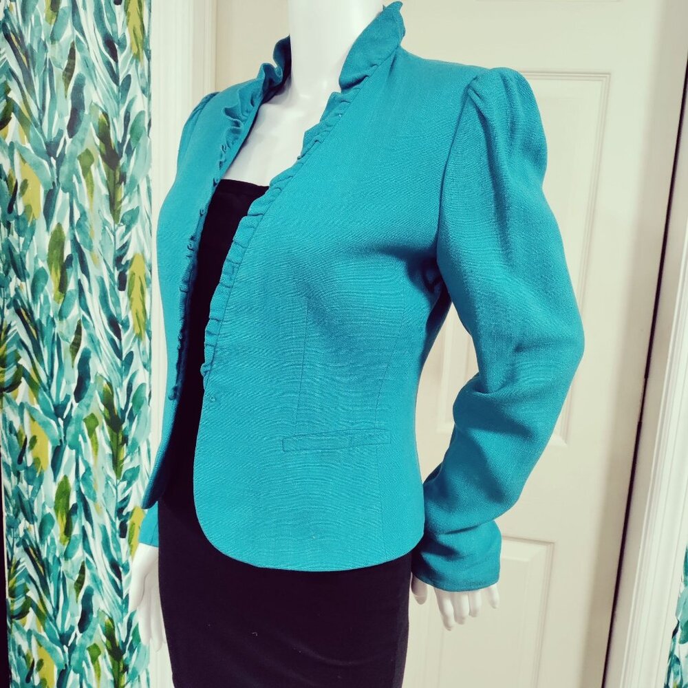 Cassidy Puff Sleeve Ruffle Twee Vintage 80s Tweed Office Blazer Turquoise US 8 - Picture 2 of 11